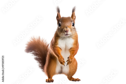 A red squirrel standing on its hind legs with its tail curled around its body,, isolated on white background photo