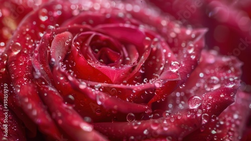 A close up of a crimson rose glistening with dew drops