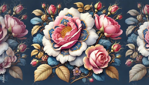 An illustration of large, lush roses in full bloom with soft pink petals photo