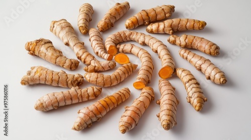 Fresh turmeric root arranged in a spiral pattern, isolated on a plain white background