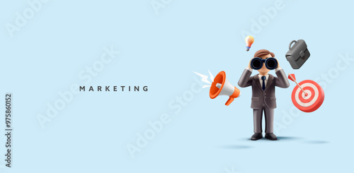 Marketing, 3D character of a marketer looking through binoculars, target, briefcase, light bulb, loudspeaker. For development concepts, ideas, management, and communications. Web banner. Vector
