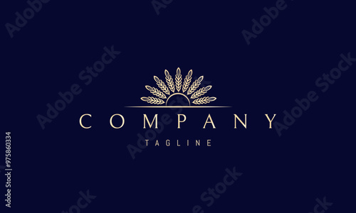 Vector golden logo with an abstract image of the sun where there are ears of wheat instead of rays.