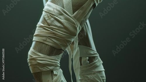 A close up of a mummy s leg showing the layers of bandages photo