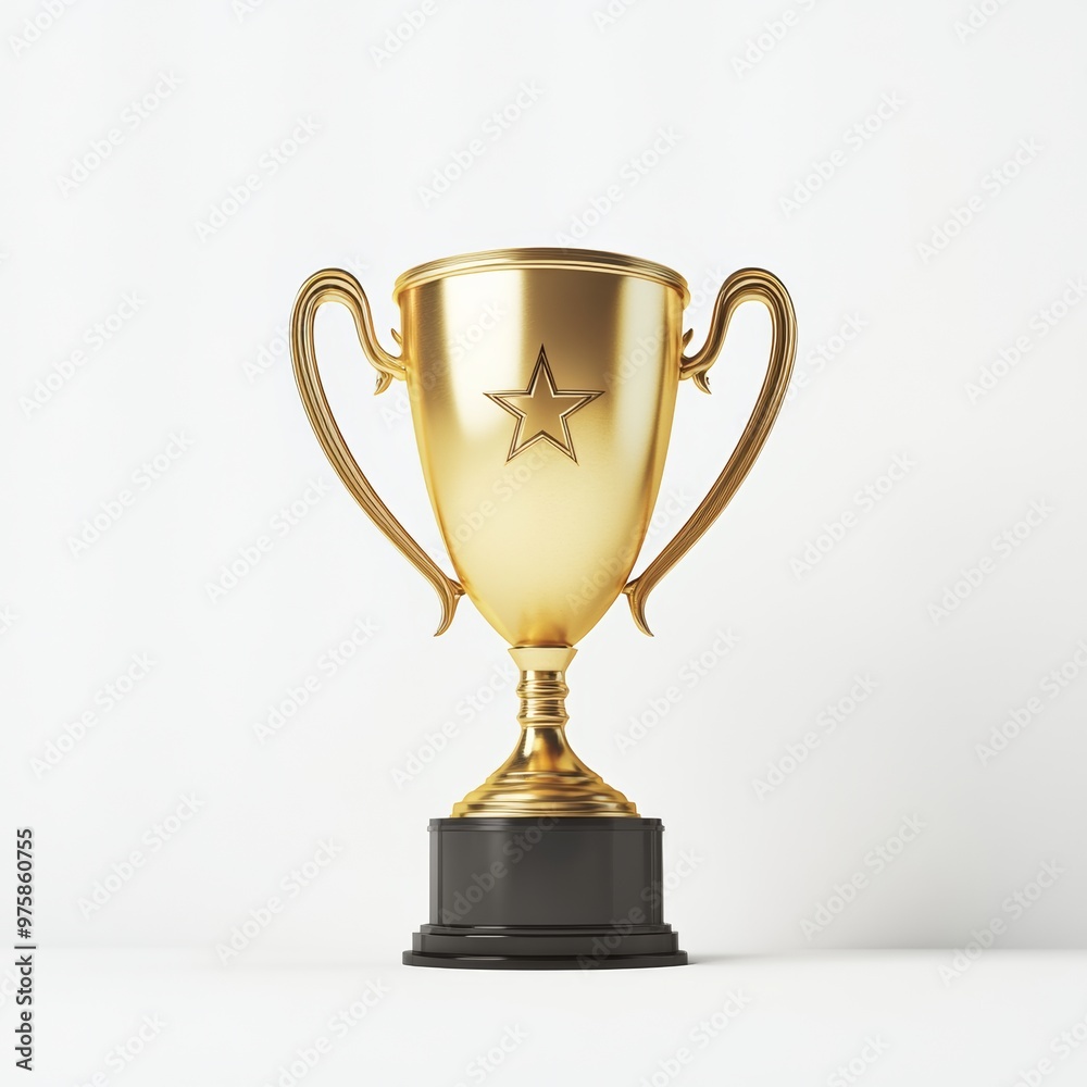 A 3D render of a golden trophy cup with a star symbol on its center, isolated on a white background with subtle reflections and shadows