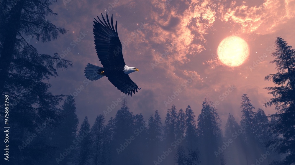 Fototapeta premium Bald Eagle Flying Through the Night Sky.