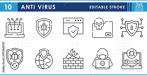 A set of line icons related to Antivirus. Virus, bug, computer, security, cyber, attack, hacker, and so on. Vector editable stroke.