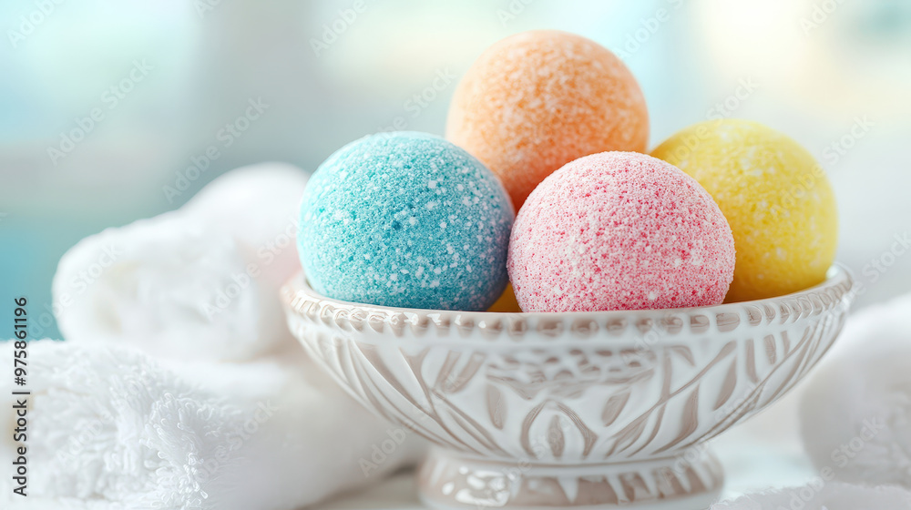 Obraz premium Luxurious Spa Scene with Colorful Bath Bombs, Soaps, and White Towels in Ceramic Bowl