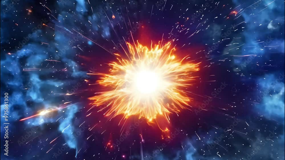 A vibrant explosion of light and energy radiates in a cosmic landscape, illustrating the beauty and intensity of the universe