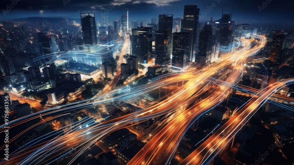 A dynamic aerial shot of a bustling city at night, showcasing glowing vehicles in motion along the streets, A dynamic aerial shot of a bustling city at night, showcasing glowing vehicles in motion along the streets,