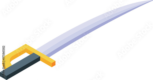 Cavalry sword lying with golden hilt and curved blade isometric icon isolated on white background