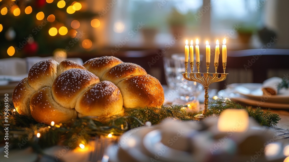 Obraz premium Challah Bread and Menorah on a Table with Christmas Lights.