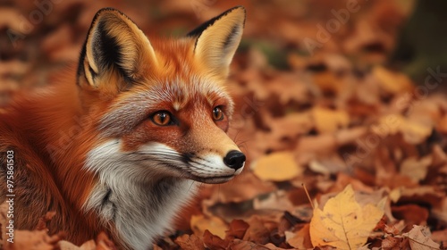 Red Fox in Autumn Leaves.