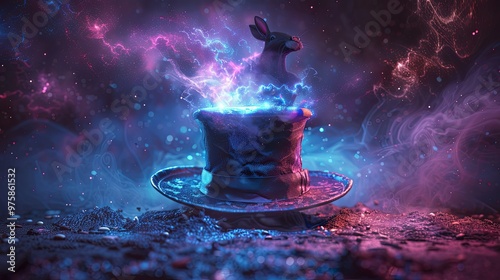 Metaverse and virtual reality. VR headset as a top hat magic device from which rabbits are jumping. Digital domain metaphor conceptual illustration photo