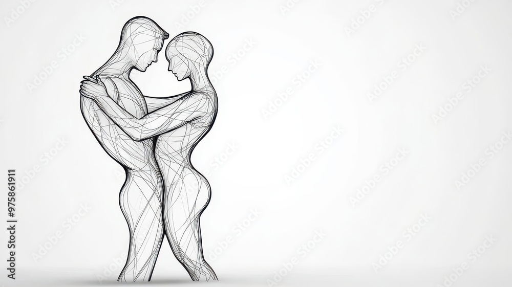 Elegant line art of a couple dancing, with their bodies intertwined, forming a graceful, flowing movement Elegant line art of a couple dancing, with their bodies intertwined, forming a graceful, flowing movement