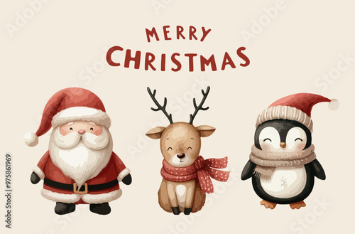 Merry Christmas poster with watercolor Santa, deer, penguin.