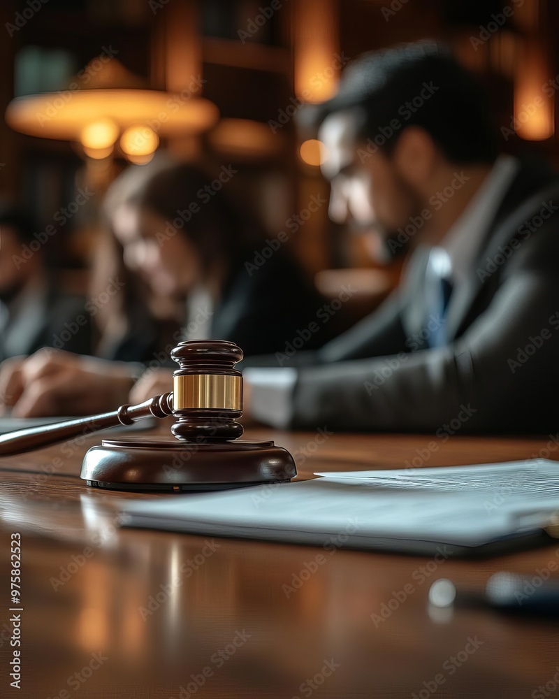 Close-up of a gavel on a wooden table in a courtroom filled with legal professionals engaged in discussion. Close-up of a gavel on a wooden table in a courtroom filled with legal professionals engaged in discussion.
