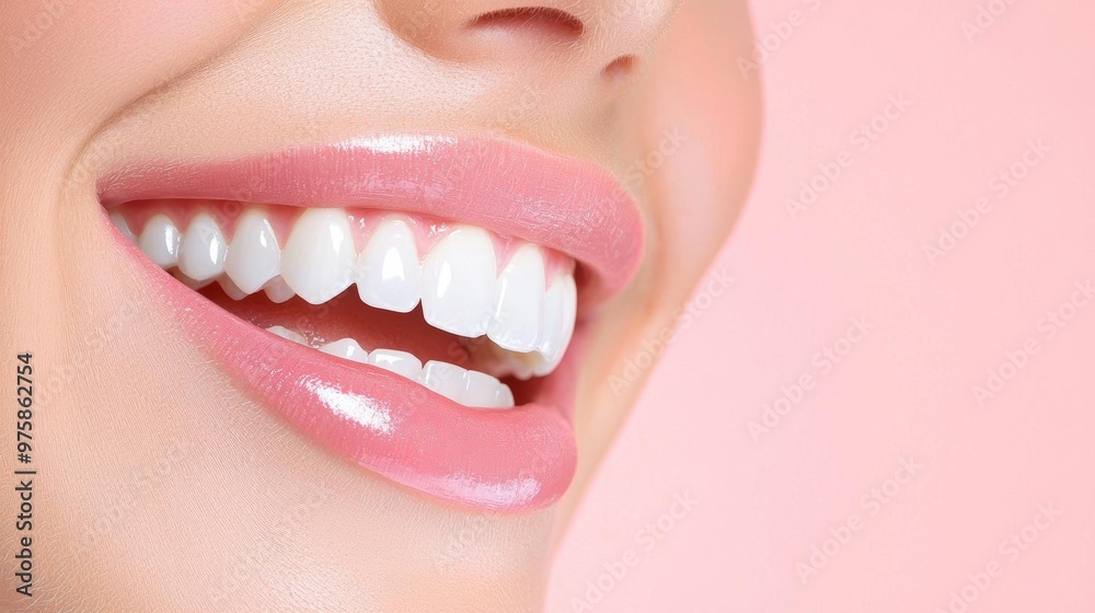 Fototapeta premium A close-up of a woman's inviting smile, her glowing skin and white teeth in perfect harmony,copy space for text,