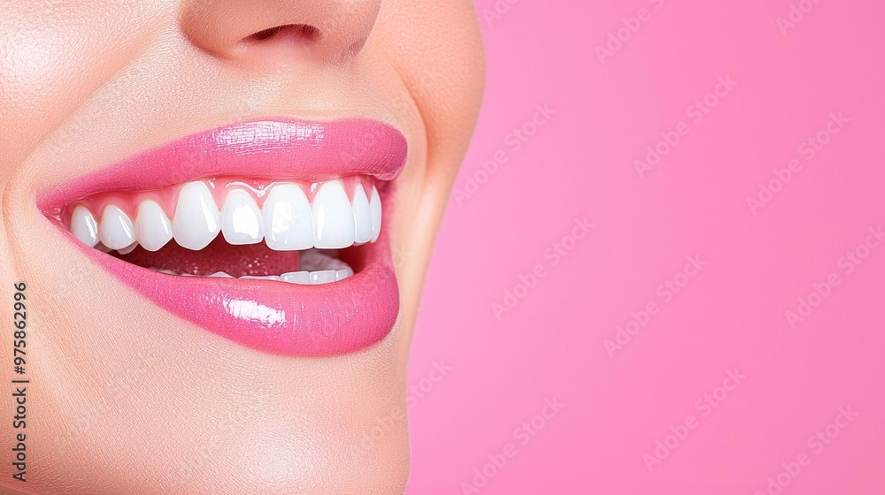 Obraz premium A close-up of a woman's playful smile, her glowing skin adding to the charm of her white teeth,copy space for text,