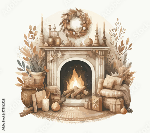 Merry Christmas and happy new year watercolor poster. Cozy Christmas fireplace.