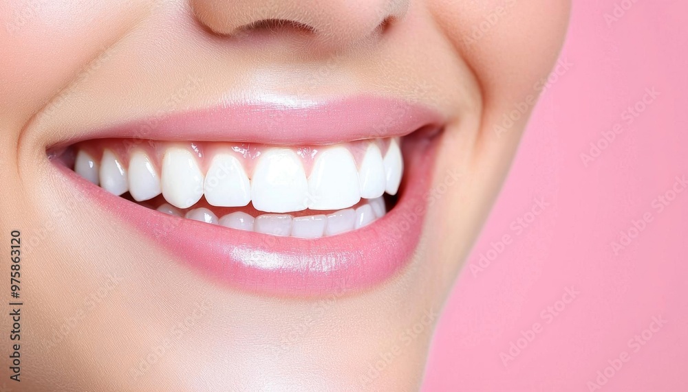 Obraz premium A close-up of a woman's serene smile, her smooth skin complementing her pearly white teeth,copy space for text,