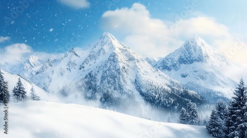 Scenic winter mountain landscape with snow-covered peaks, trees, and a clear blue sky with falling snowflakes. Perfect for holiday backgrounds.