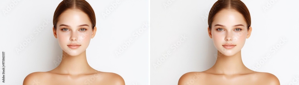 Before and after images of a young woman with uneven skin tone, focusing on the evening out of her complexion