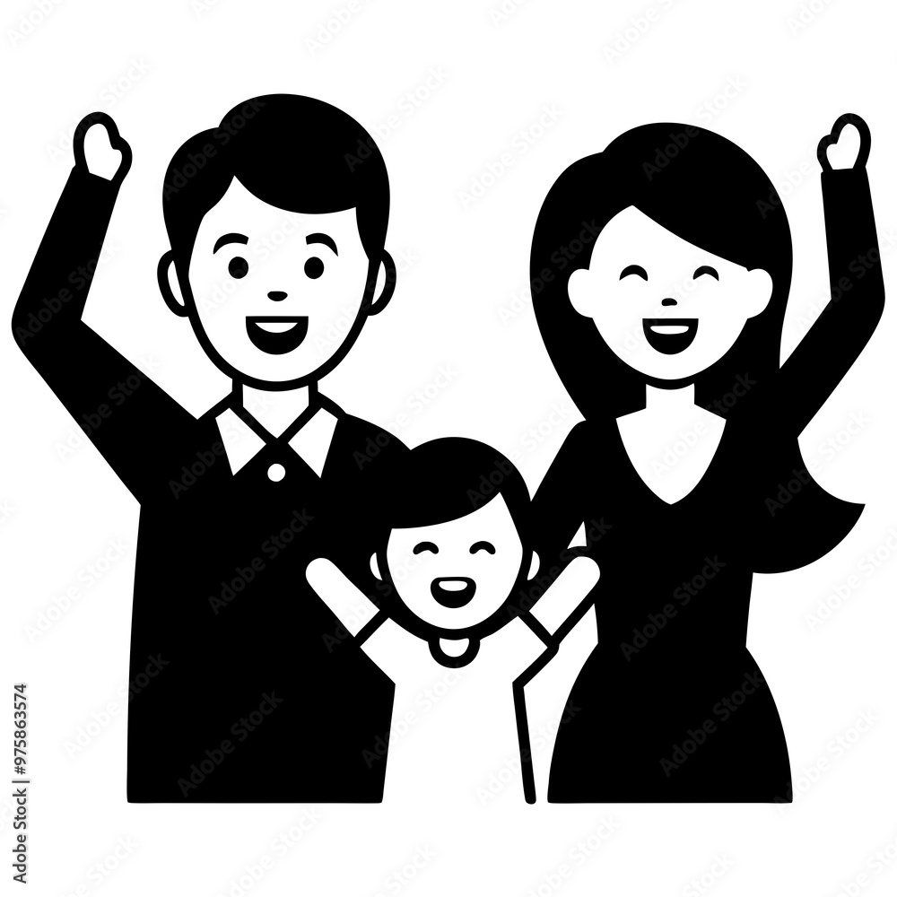 Happy family illustration with parents and child in black for family and joy concept Happy family illustration with parents and child in black for family and joy concept