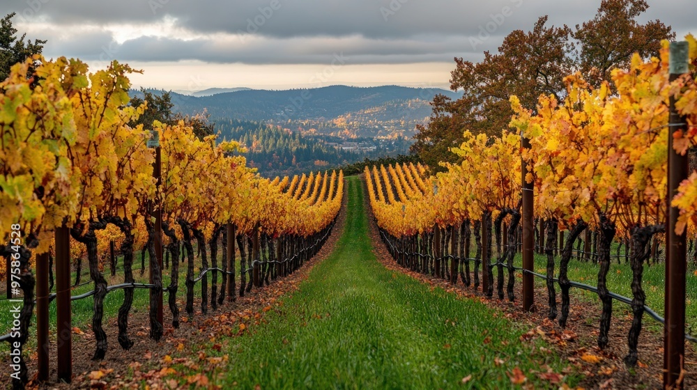 Naklejka premium A scenic view of a vineyard in the fall, with rows of grapevines turning golden, perfectly capturing the essence of Thanksgiving harvest.