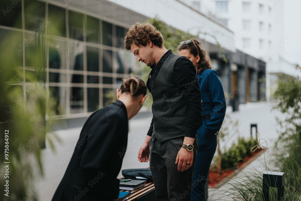 Three young professionals collaborate on a project outdoors in an urban setting with a modern building in the background. Three young professionals collaborate on a project outdoors in an urban setting with a modern building in the background.