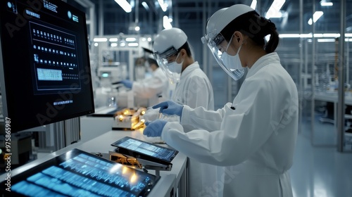 Scientists in white lab coats and protective gear working on screens and instruments in a high-tech, modern laboratory setting. photo