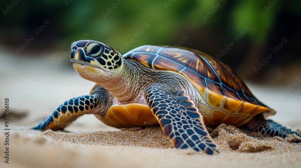 Obraz premium Sea turtle crawling on sandy beach during daylight near lush green vegetation in a tropical location