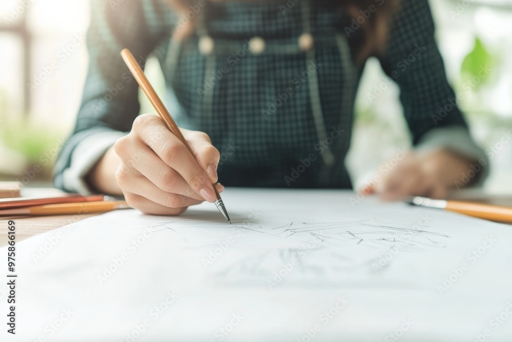 A hand sketching on a sheet, symbolizing creativity and design.