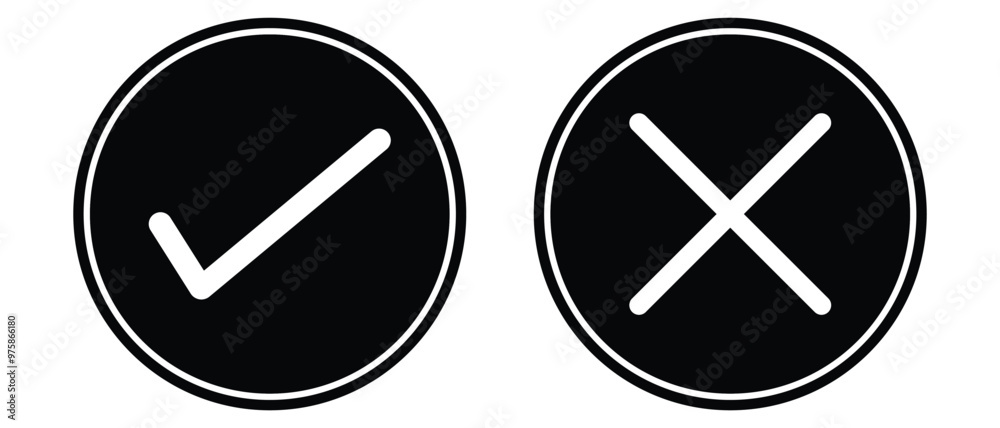 Tick and cross icon. Check mark icon button set. Black check mark and cross mark icon, isolated on white background. Vector illustration. Tick and cross icon. Check mark icon button set. Black check mark and cross mark icon, isolated on white background. Vector illustration.