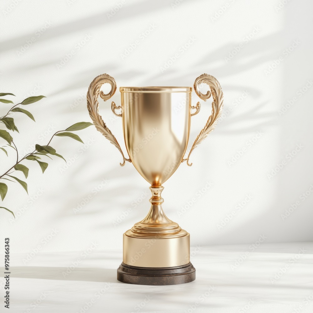A luxurious 3D gold trophy with elegant handles, resting on a pedestal with soft lighting and subtle shadows A luxurious 3D gold trophy with elegant handles, resting on a pedestal with soft lighting and subtle shadows