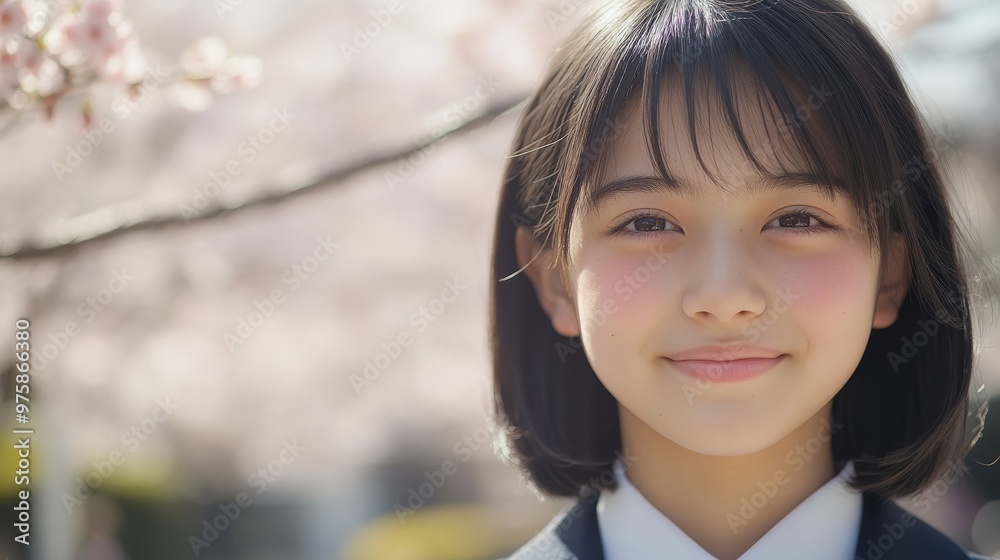 Serene Japanese Teenager in School Uniform with Shy Smile Among Cherry Blossoms - Close-Up Portrait with Soft Focus Serene Japanese Teenager in School Uniform with Shy Smile Among Cherry Blossoms - Close-Up Portrait with Soft Focus