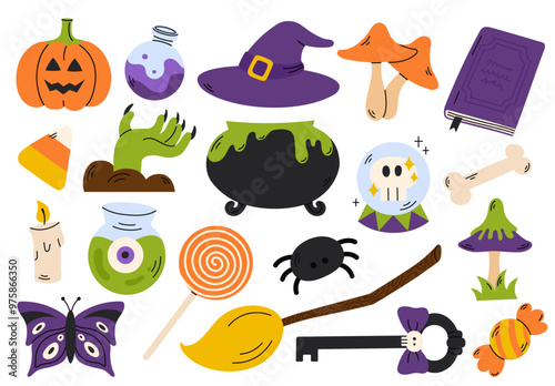 Fun groovy Halloween sticker set with spooky elements like a jack-o'-lantern, witch's hat, cauldron, glass ball, mushrooms, and candy. Perfect for festive decorations, scrapbooking, and advertising.