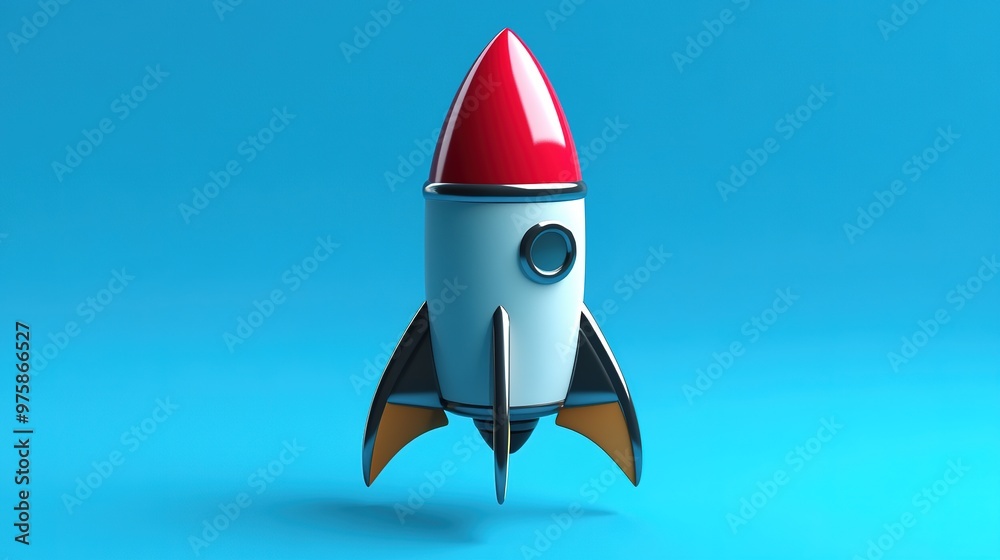 Red and silver rocket on blue background with shadow. Red and silver rocket on blue background with shadow.