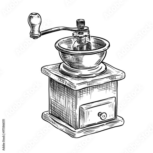 vintage hand coffee mill,manual coffee bean grinder vector line art illustration