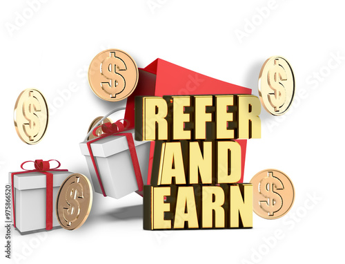 3d refer and earn text over fallen wrapped gift boxes from a shopping bag concept