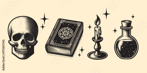 Occult magic witch set: Skull, spell book, poison, candle.  old vintage engraving illustration set. hand drawn. Tattoo, sketch, print