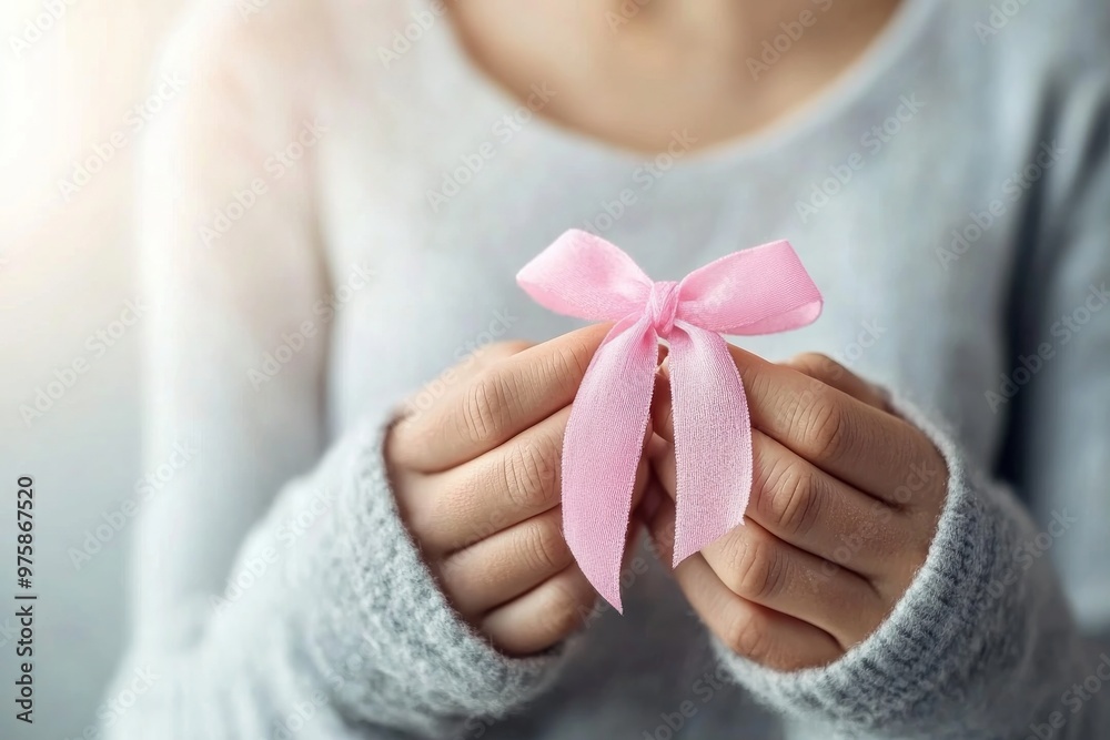 Close-up of hands holding a pink ribbon, symbolizing breast cancer awareness. Close-up of hands holding a pink ribbon, symbolizing breast cancer awareness.