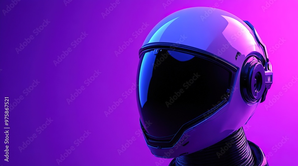 Futuristic helmet with black visor on purple backdrop Futuristic helmet with black visor on purple backdrop