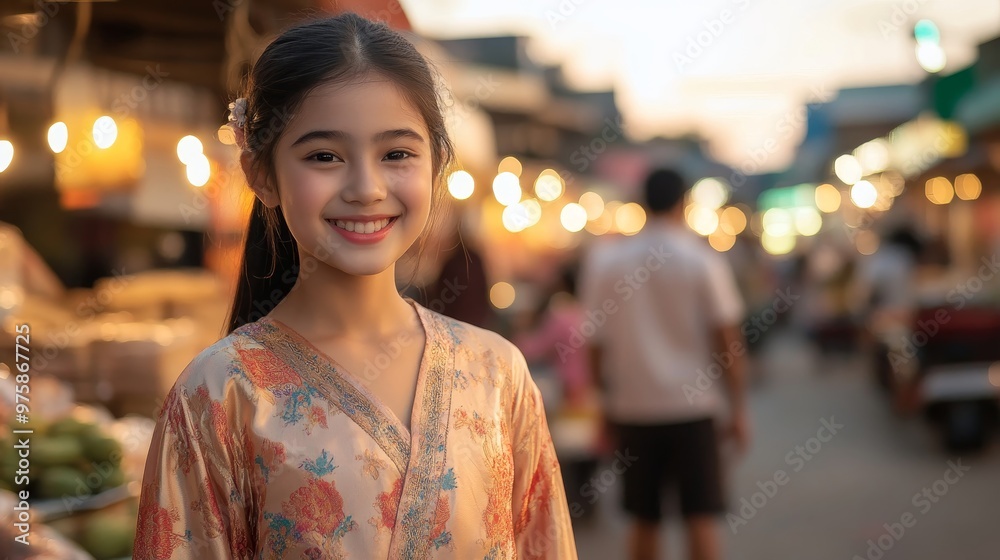 Candid Thai Teenager in Traditional Silk Dress Smiling at Bustling Market during Evening Light Candid Thai Teenager in Traditional Silk Dress Smiling at Bustling Market during Evening Light