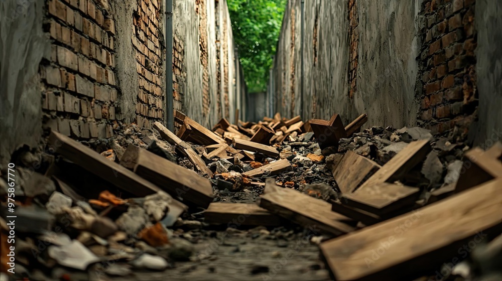 A tight alley filled with barriers and debris, symbolizing the narrow and challenging pathways created by obstacles A tight alley filled with barriers and debris, symbolizing the narrow and challenging pathways created by obstacles
