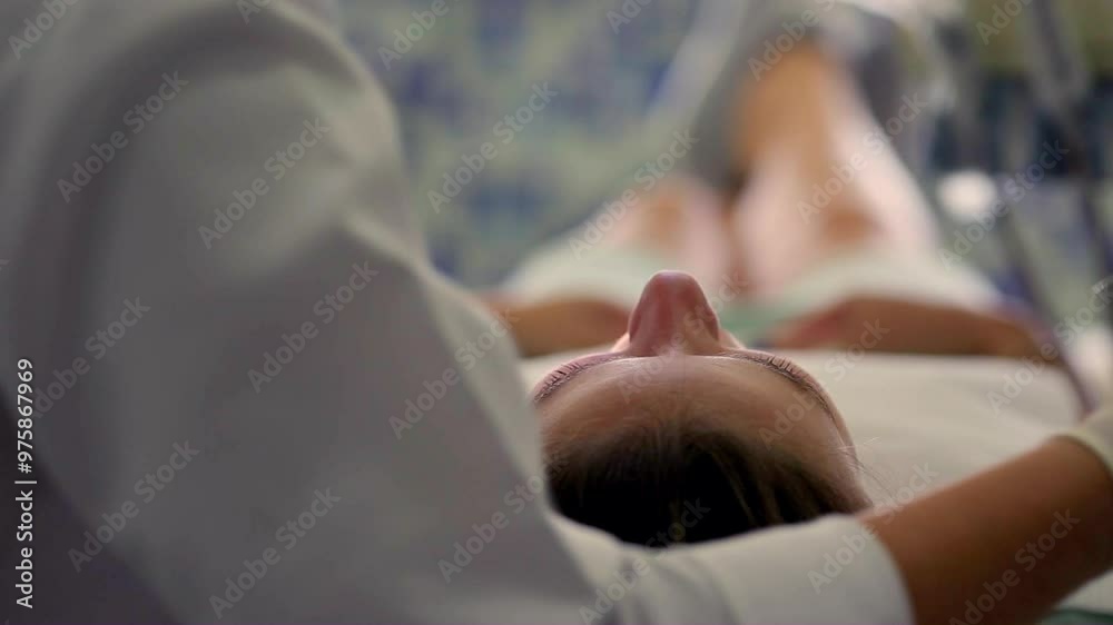 Patient lying in a dental chair, close-up shot of the face, as the dentist prepares for a procedure in a well-lit, clean clinic Patient lying in a dental chair, close-up shot of the face, as the dentist prepares for a procedure in a well-lit, clean clinic