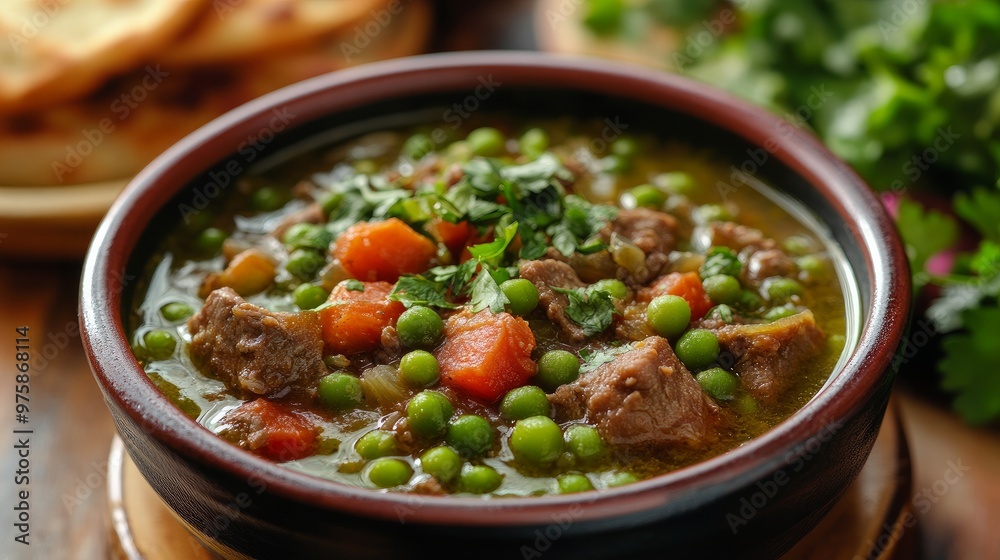 Turkish dish Etli Bezelye, or meaty green pea stew.

