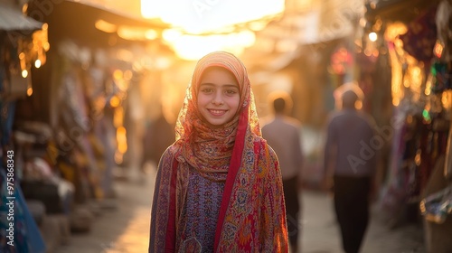 Serene Egyptian Teenager in Traditional Galabeya Walking Through Bazaar at Sunset