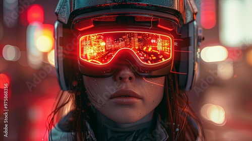 metaverse vr simulation gaming cyberpunk style, digital robot, 3d illustration rendering, virtual reality photo