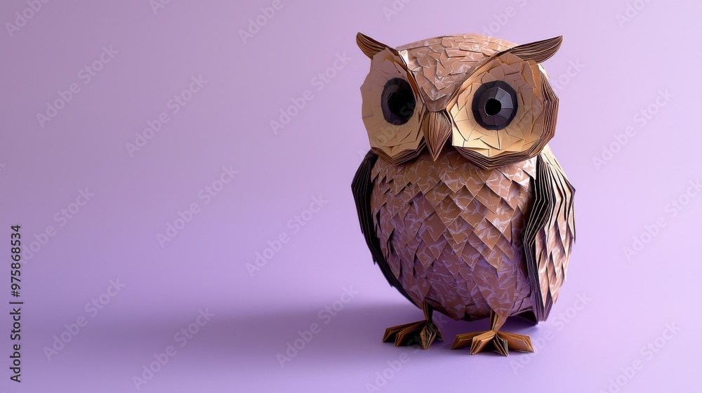 Fototapeta premium A charming paper-crafted owl in brown and tan, sitting on a light purple background