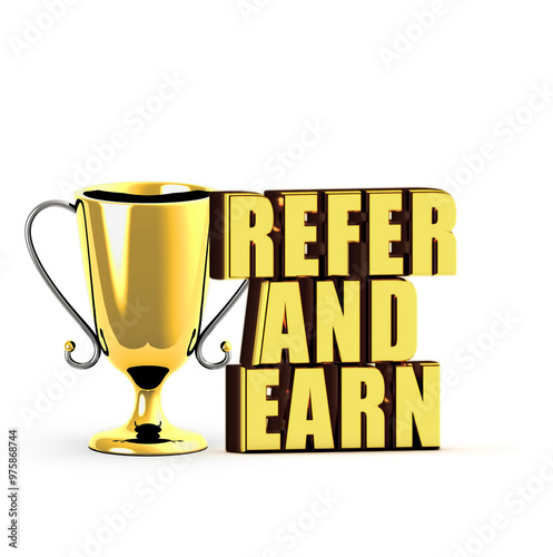 3d golden trophy and refer and earn concept photo